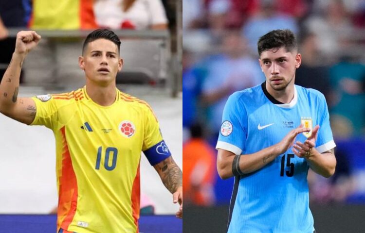El colombiano James Rodríguez (izq.) y el uruguayo Federico Valverde