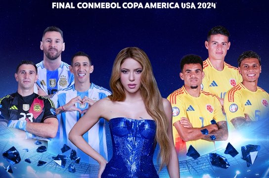 La artista colombiana Shakira, quien estará en la clausura del torneo, en un gráfico de Conmebol con los finalistas.