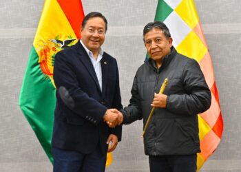 Luis Arce y David Choquehuanca, antes del viaje del mandatario a Rusia.