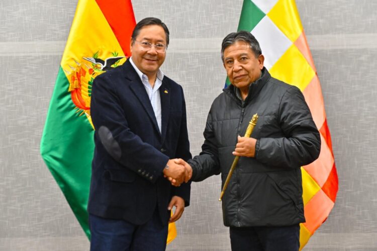 Luis Arce y David Choquehuanca, antes del viaje del mandatario a Rusia.
