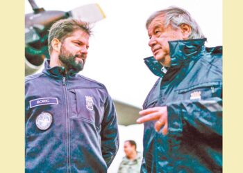Gabriel Boric y António Guterres en la región de la Antártida.