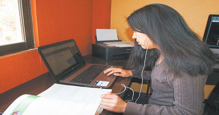 Una joven cumple sus actividades en la modalidad de teletrabajo desde su domicilio.