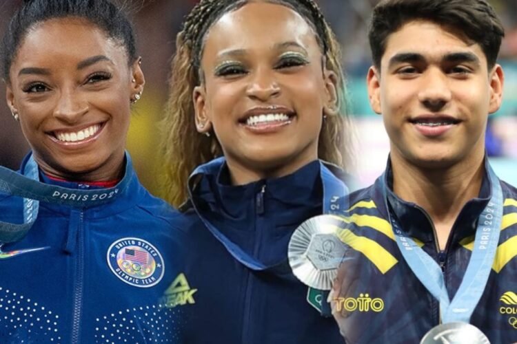 La estadounidense Simone Biles, la brasileña Rebeca Andrade y el colombiano Ángel Barajas