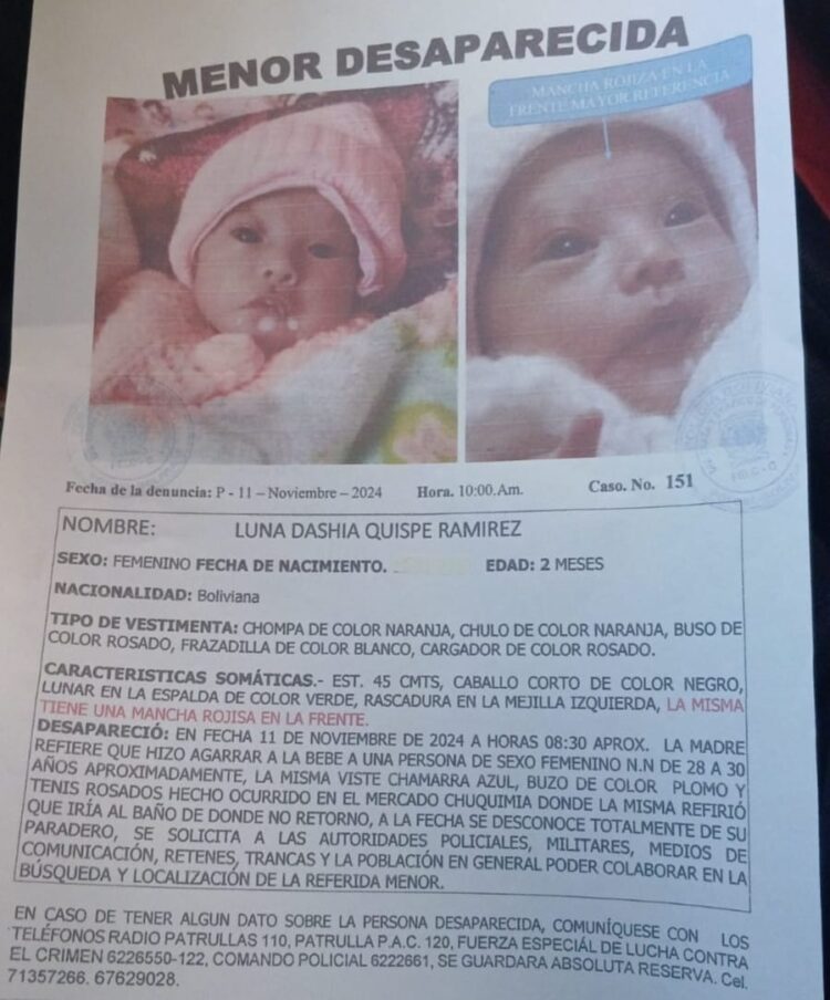 La Policía busca a la bebé Luna. Fue raptada este lunes en Potosí.