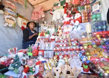 Feriantes instalan la preferia navideña en la avenida Simón Bolívar, en La Paz.
