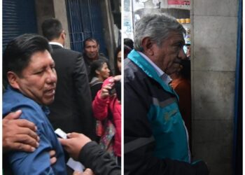 Los alcaldes de Achocalla, Manuel Condori, y de La Paz, Iván Arias, en oficinas de la Fiscalía.