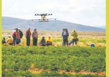 Comunarios utilizando un dron especializado para mejorar los resultados de sus cultivos.
