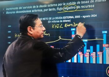 El presidente Luis Arce explica en una pizarra la situación de la escasez de dólares en el país.