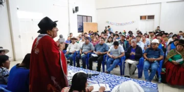Evo Morales en el ampliado de evaluación de la marcha, en Lauca Ñ. Foto: RKC