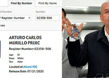 La ficha técnica de la detención de Murillo de la Oficina Federal de Prisiones.