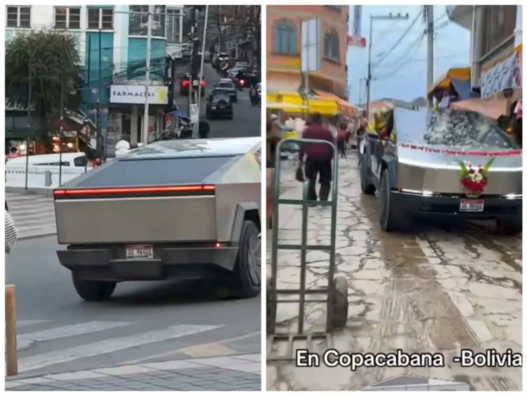 El Cybertruck Tesla circula por las calles de La Paz. También fue ch'allado en Copacabana. FOTO: RRSS