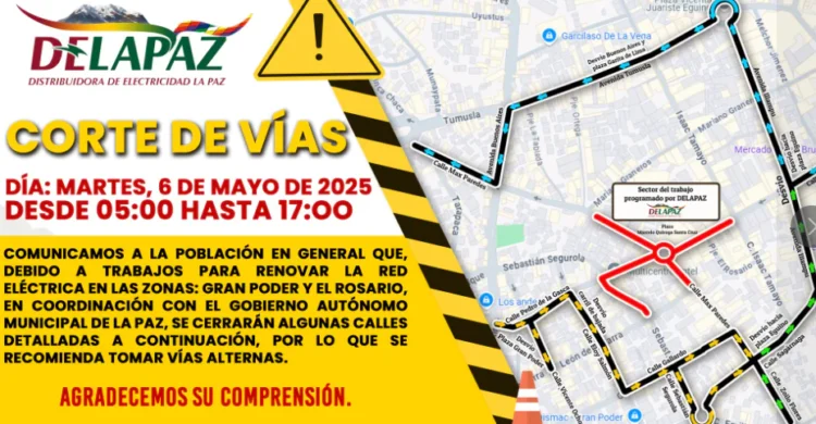 Delapaz renueva postes eléctricos en La Paz con cierre de calles