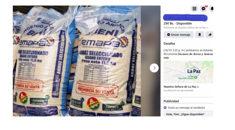 Denuncian venta de arroz de Emapa a través de ‘Marketplace’ de Facebook