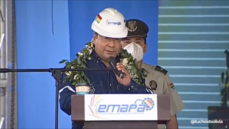 El presidente Luis Arce, en un acto oficial en San Julián. Captura: BTV