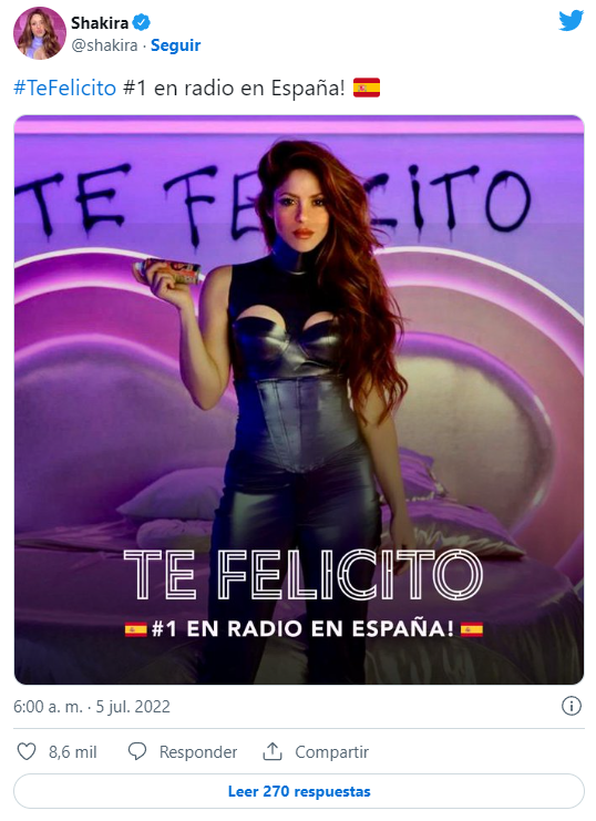 Publicación de Shakira sobre el éxito de 'Te felicito'. Captura de pantalla: Twitter.