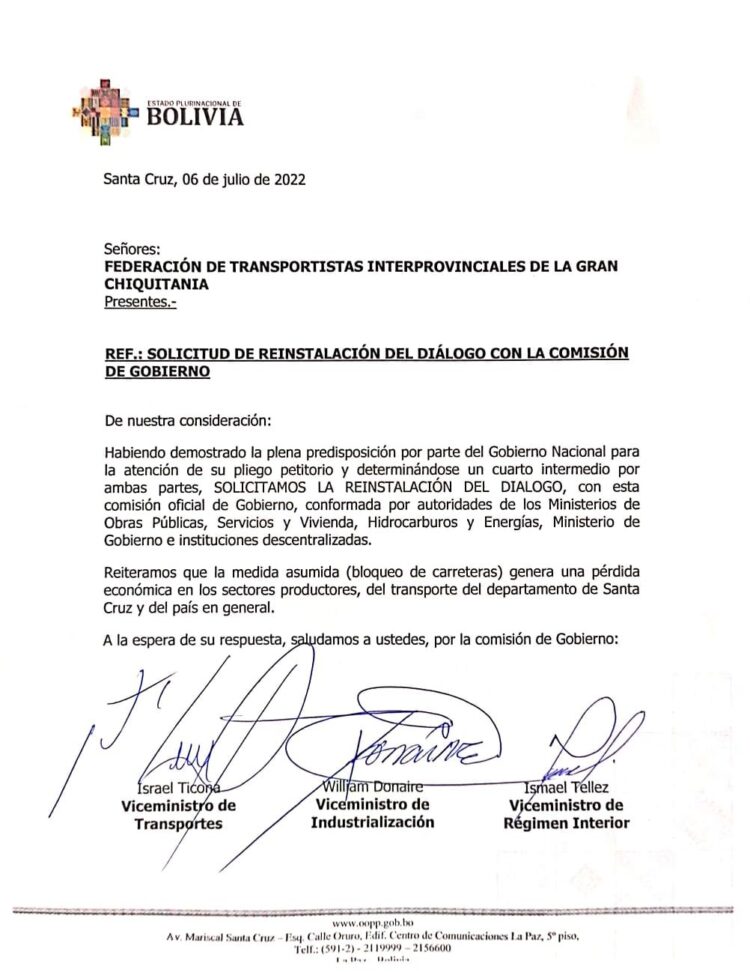 Comisión del gobierno nacional solicita al transporte de la Chiquitanía volver al diálogo