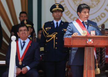 El presidente Pedro Castillo en su mensaje en cadena nacional en Perú. Foto: AFP