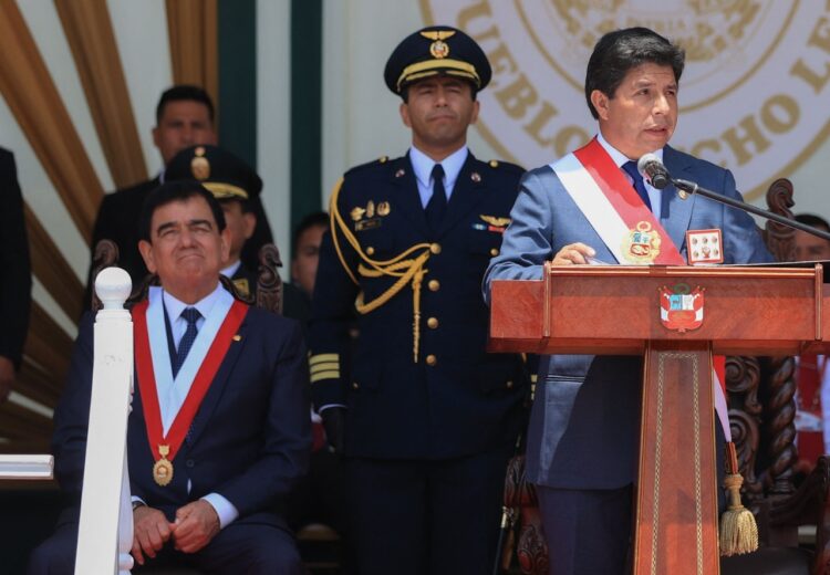 El presidente Pedro Castillo en su mensaje en cadena nacional en Perú. Foto: AFP