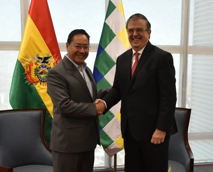 El presidente Luis Arce y el canciller Marcelo Ebrard, este jueves en la Casa Grande del Pueblo. Foto: Marcelo Ebrard