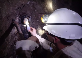 El investigador Oliver Warr recolectando muestras en Moab Khotsong, en Sudáfrica. Foto: Oliver Warr.