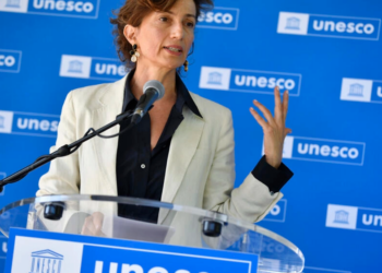 Audrey Azoulay, directora general de la UNESCO, habla sobre cultura durante un acto público el 13 de junio de 2022 en París. Foto: AFP.