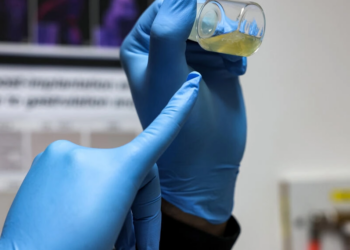 El doctor Jacob Hanna, especialista en genética molecular del Instituto de Ciencia Weizmann de Israel, muestra un vial con embriones sintéticos de ratón de cinco días desarrollados fuera del útero. Foto: AFP.