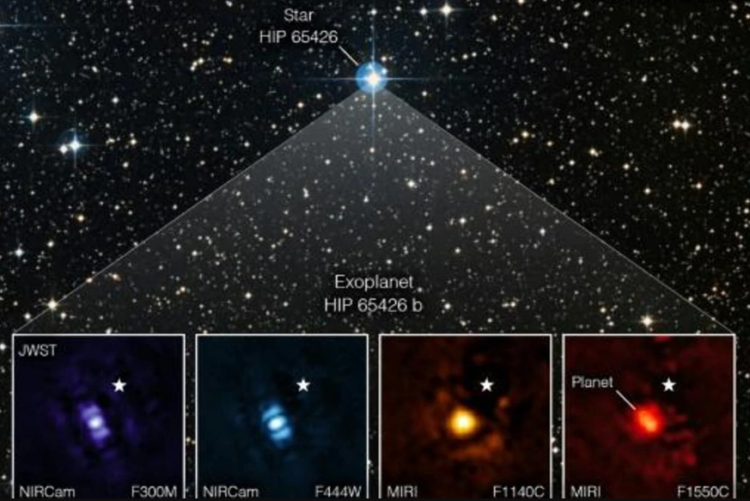 Una imagen del telescopio espacial James Webb de un exoplaneta. La imagen muestra al planeta HIP 65426 b en diferentes bandas de luz infrarroja. Foto: AFP.