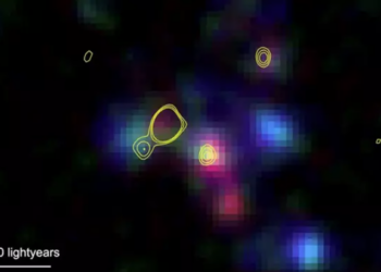 El (proto-) cúmulo de galaxias, visto 12 mil millones de años atrás en el tiempo. Foto: Europa Press.