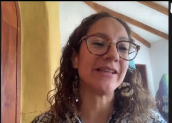 La directora del Festival Kolibrí, Geraldine Ovando, en el contacto virtual con Piedra, Papel y Tinta. Captura: La Razón.