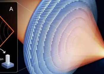 Ilustración gráfica del enfoque de la luz utilizando una superficie plana de vidrio tachonada con millones de nanopilares (denominados metalens) que forman una pinza óptica. Foto: Nist.