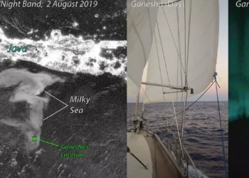 En la foto nocturna, la primera de su tipo, la cubierta del barco aparece como una silueta oscura contra las aguas resplandecientes. Foto: Steven Miller.