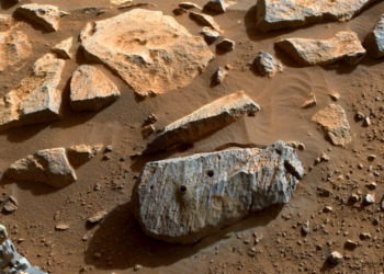 Imagen publicada por la NASA en septiembre de 2021 de una roca en Marte que el rover Perseverance tomó como muestra. Foto: AFP.