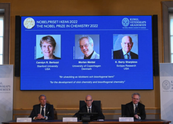 Ceremonia de anuncio del Premio Nobel de Química en Estocolmo, el 5 de octubre de 2022. Foto: AFP.