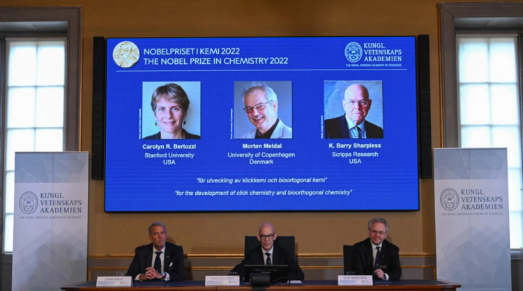 Ceremonia de anuncio del Premio Nobel de Química en Estocolmo, el 5 de octubre de 2022. Foto: AFP.