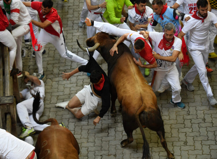 Un participante es embestido por un toro en el quinto encierro de la fiesta de San Fermín, en Pamplona. Foto: AFP.