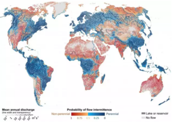 Probabilidad de flujo intermitente en los ríos de todo el mundo. Foto: McGill University.