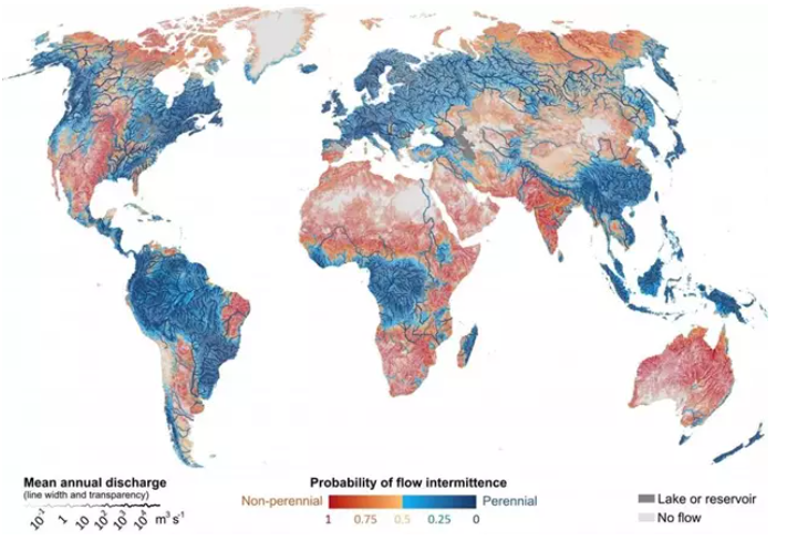 Probabilidad de flujo intermitente en los ríos de todo el mundo. Foto: McGill University.