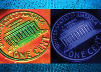 El relieve de la moneda adquiere colores vibrantes cuando se prensa en un nuevo material desarrollado en el MIT (izquierda). Luego, los colores del material se convierten en un mapa de tensiones de compresión (derecha). Foto: MIT.