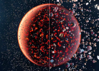 Impresión artística de la formación de la Tierra, a partir de asteroides condríticos a la izquierda y de planetesimales a la derecha. Foto: ETH Zurich.