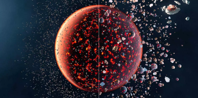 Impresión artística de la formación de la Tierra, a partir de asteroides condríticos a la izquierda y de planetesimales a la derecha. Foto: ETH Zurich.