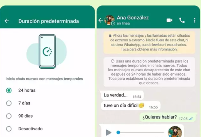 La opción de mensajes temporales de WhatsApp. Foto: Meta.
