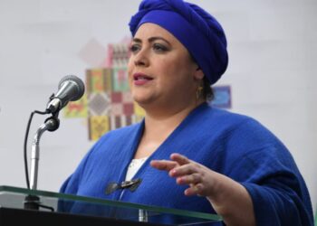 La Ministra de la Presidencia en conferencia de prensa. Foto: ABI.