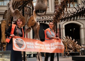 Las dos ambientalistas pegadas a barras metálicas alrededor de una exposición de esqueletos de dinosaurios y sosteniendo una pancarta. Foto: AFP.