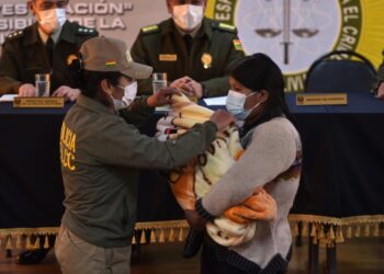 La Policía hace la entrega del bebé Álex a sus familiares.