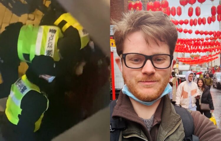 El periodista Ed Lawrence, detenido y esposado mientras cubría las protestas en Shanghái. Foto: Ensegundos.