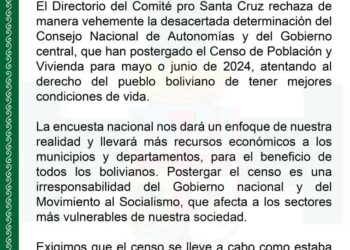 Cívicos cruceños rechazan postergación del censo