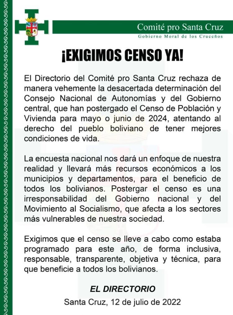 Cívicos cruceños rechazan postergación del censo