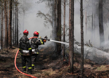 Bomberos controlan las llamas de uno de los setores afectados. Foto: AFP