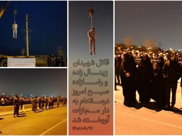 Fotos de la ejecución pública de Majidreza Rahnavard, el 12 de diciembre de 2022 en la ciudad iraní de Mashhad, difundidas por la agencia de noticias iraní Mizan. La leyenda en farsi dice: 'El asesino de Zainalzadeh y Rezazadeh ha sido ahorcado públicamente esta mañana'. Foto: AFP.