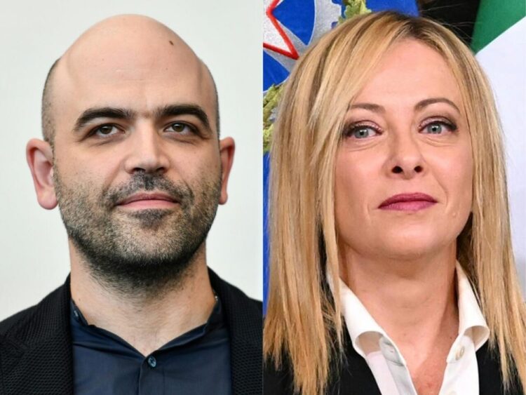 El escritor italiano Roberto Saviano (I) enfrenta el martes 15 de noviembre un juicio por difamación de la primera ministra italiana Giorgia Meloni (D). Foto: AFP.